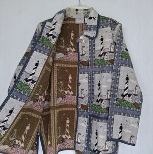 vintage Blair Womens Nautical Lighthouse Print Tapestry Jacket Siz XL Multicolor